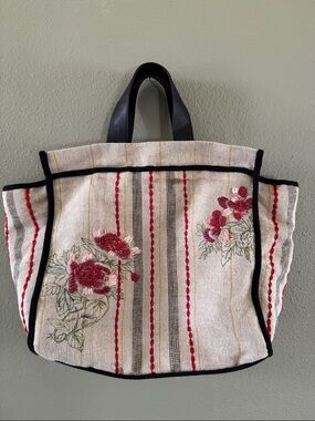 Zara Embroidered Floral Canvas Tote Bag - Red Floral on Cream